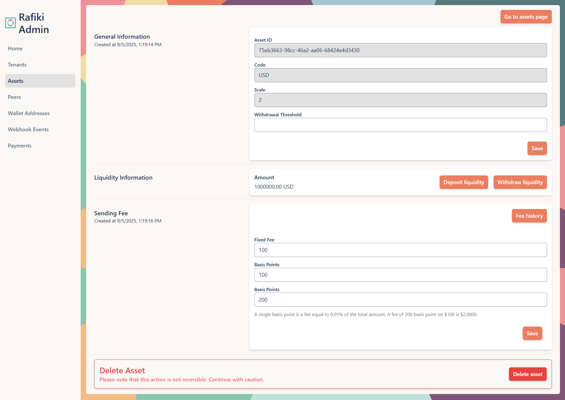 A screenshot of the Rafiki Admin application user interface displaying the "Edit Asset" section. It shows several text fields configured for an existing asset. This page is used to view and edit asset details.